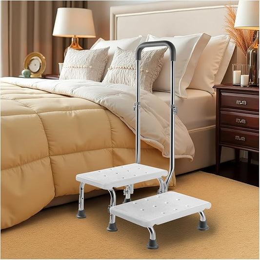 2 Step Stool with Handle for Elderly, Non-Slip Bedside Steps with Adjustable Handrail (450 lbs Capacity)
