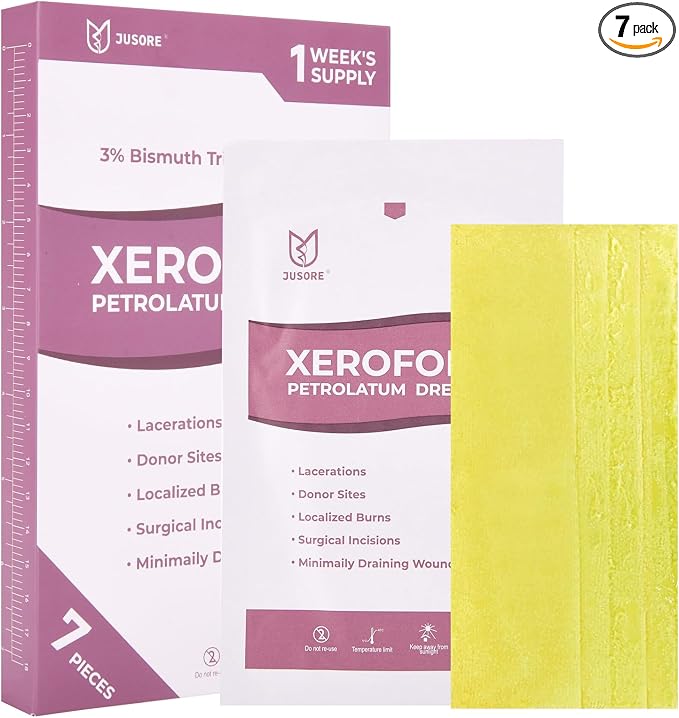 JUSORE Xeroform Petrolatum Dressing - FSA-HSA, 5"x9" Medical Non Stick | Gauze Pads, Soft Mesh Gauze Patch for Wound Care, Burns, Lacerations, Skin Grafts & Surgical Incisions, 7 Individual Pack