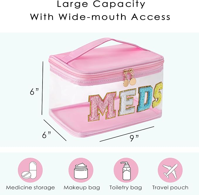 Chenille Letter Clear Medicine Makeup Bag, Large Size Waterproof Nylon Cosmetic Toiletry Storage bag with Top Handle, Transparent Meds First Aid Travel Organizer Cosmetic Bag(02Light Pink)