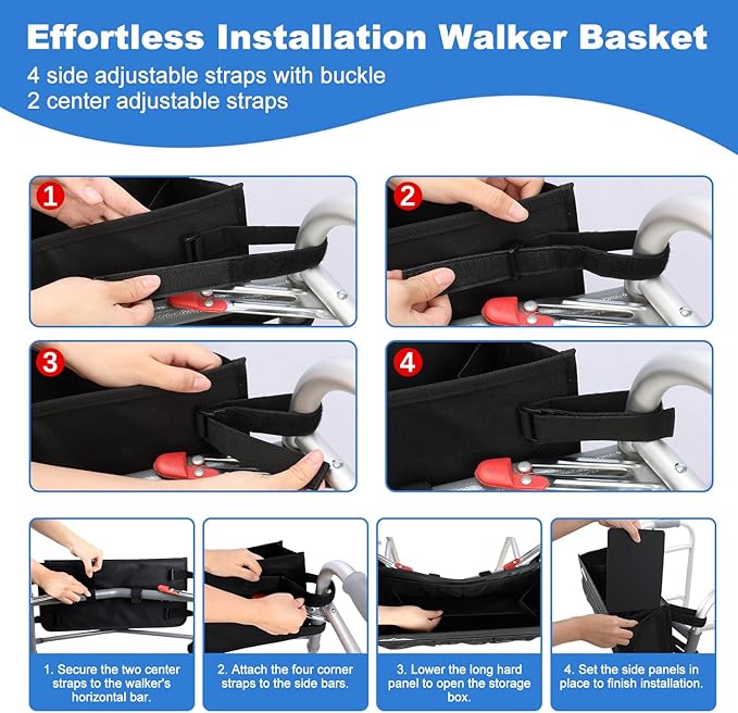 supregear Walker Basket, Foldable Walker Bag with Cup Holder, Storage Pouch with Large Capacity and Never Tipping Over, Hand-Free for Seniors Elderly, Not Fit for Rollator, Black