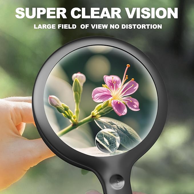 30X 40X Charge Magnifier with Light, NUEYiO 4.33Inch Large Handheld Magnifying Glass with Light, 20 Daylight LEDs & Third Gear Dimming Lighted Magnifying Glass for Seniors Reading Jewelry -Black