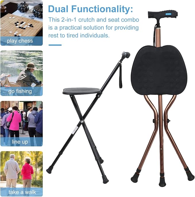 Folding Cane Seat, Hold 440 lbs Folding Canes with Seat Walking Stick Height Adjustment Cane Seat Capacity Frosted Handle with Crutches Stool
