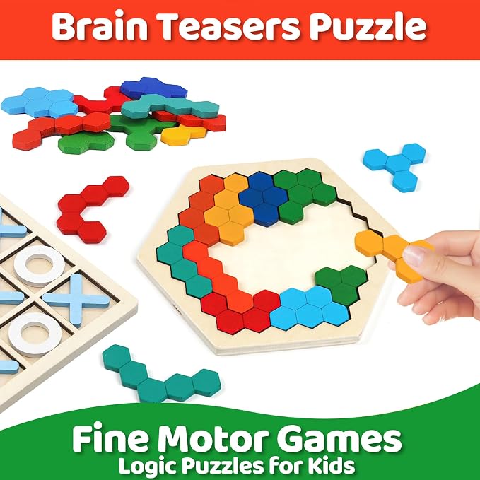Wooden Brain Teaser Puzzles,Montessori Tangrams Pattern Blocks Logic Board Geometric Shapes Jigsaw Puzzle Games for Kids Ages 3-5,4-6(3Pack)