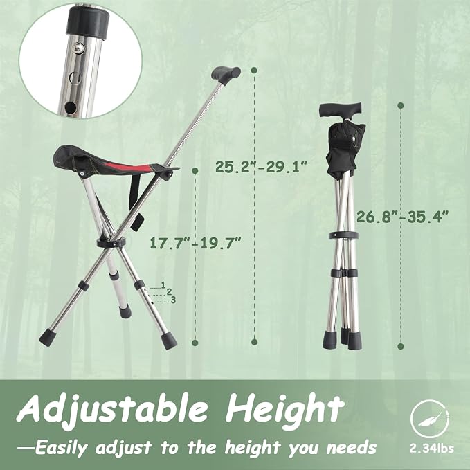 King Mills Lightweight Portable Stools for Adults Heavy Duty, Adjustable Walking Chair for Adults, Anti-Slip Cane Seat Walking Stick Folding Seat 250 Lbs Above Ideal for Camping & Hiking