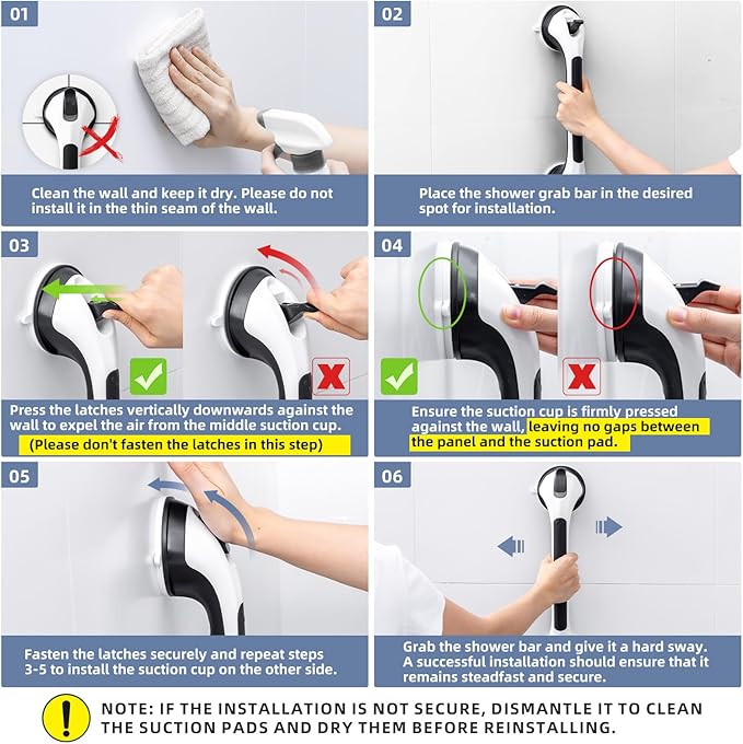 Grab Bars for Bathtubs and Showers 2 Pack Glow in The Dark, 17 inch Suction Grab Bar, Shower Handle Safety Grip Handrail for Seniors and Elderly, Removable Waterproof No Drilling, Black