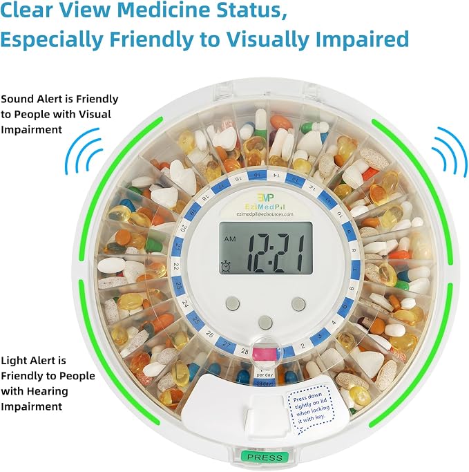 EziMedPil Automatic Pill Dispenser with Alarm for the Elderly | 28-Day Clear Lid & LCD Display Monitoring Pill Organizer with Sound-Light Reminders, 6 Daily Alarms & Lock Design for Pills