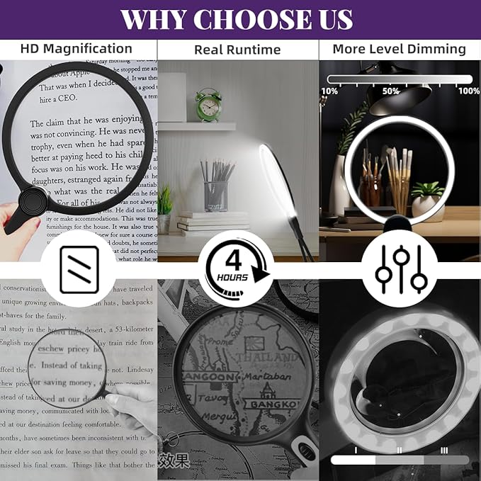 6X Hands-Free Magnifying Glass & Goose Neck Magnifier with Light | Neck-Worn Rechargeable for Reading, Crafts, Cross Stitch | Large View for Low Vision Seniors & Close Work