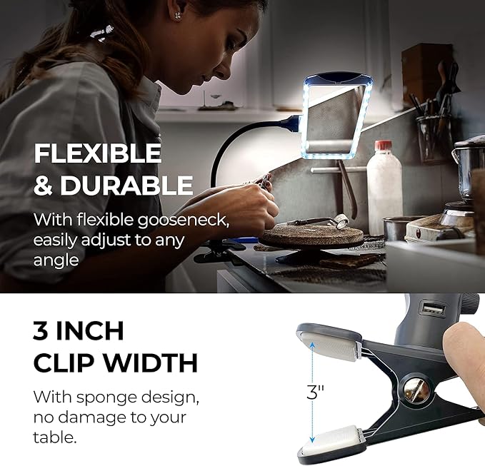 4X Gooseneck Magnifying Lamp Lighted with 28 SMD LEDs, Table Desktop Standing Hobby Tool Magnifier Hands-Free with Clamp for Sewing, Crafts, Close Work, etc.