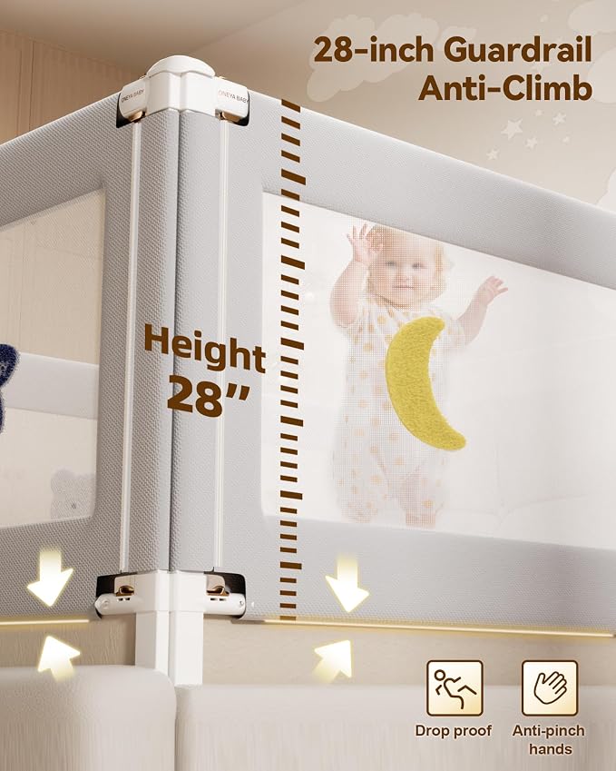60” Baby Bed Rail Guard for Toddlers, Thickened Toddler Bed Rails | Height Adjustable, Extral Tall Child Safety Side Railing Guards/Bedrail for Kids,Queen Bed,Grey Star, 1 Side 60" Lx28 H