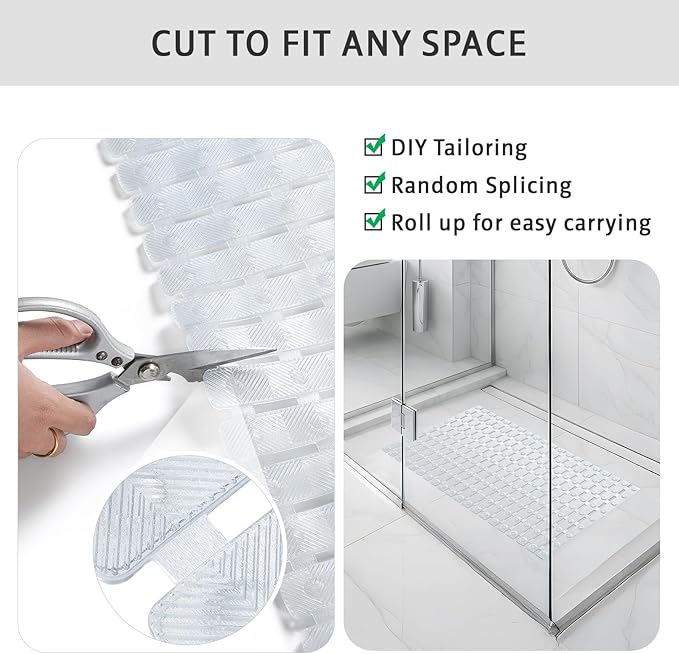 XIYUNTE Shower Mat Non Slip Bath Mat for Tub - 27 X 16 Inch PVC Bathtub Mat Non Slip Shower Mats for Inside Shower, Bath Tub Mat with Powerful Suction Cup, Easy to Cut and Dry, Clear