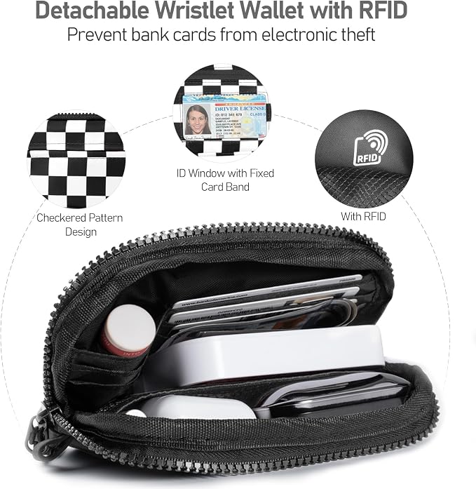Tiostep Clip and Go Strap for Phone with Wallet Crossbody Phone Lanyard Adjustable and Detachable RFID Wristlet Wallet (Black White Checkered, Large)