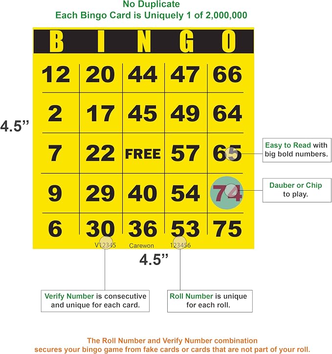 250 Bingo Cards, Large 4.5 x 4.5 Inch, Yellow, Paper Bingo Sheets | 8 Color Options, Premium Cardstock, Disposable with Daubers or Reusable with Chips — Proudly Made in USA
