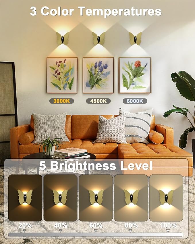 Eneru Motion Sensor Wall Sconce Set of 2, Rechargeable Wall Lights, Indoor | 5000mAh Battery Operated Wall Sconces, Motion Activated, Magnetic Butterfly Night Light for Hallway Stair Closet Pantry, Gold