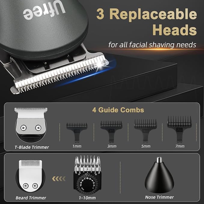 Ufree Hair Clippers for Men, Cordless Beard Trimmer, Grooming Kit, Gray | T-Blade, 6500RPM, 1-22mm Adjustable Comb, Type-C, 180min Runtime, for Beard, Stubble, Nose and Crisp Edges, Men Gift