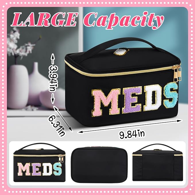 Geetery Clear Makeup Bag Chenille Letter Meds Bag Travel Cases Preppy Patch with Zipper, Portable Cosmetic Toiletry Storage case for Women(Meds,Black)