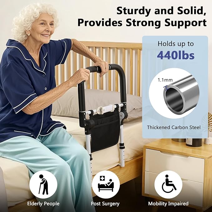 Bed Rails for Elderly Adults Safety with Foldable Non-Slip Handle, Adjustable Bed Assist Rails for Seniors, Handicap, Disable, Bed Assist Handle with Motion Light, Storage Pocket, White/Black