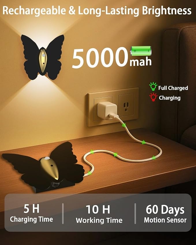 Eneru Motion Sensor Wall Sconce, Rechargeable Wall Light Wireless Indoor | 5000mAh Battery Operated Wall Sconce, Motion Activated, Magnetic Butterfly Night Light for Hallway Stair Closet Pantry Porch