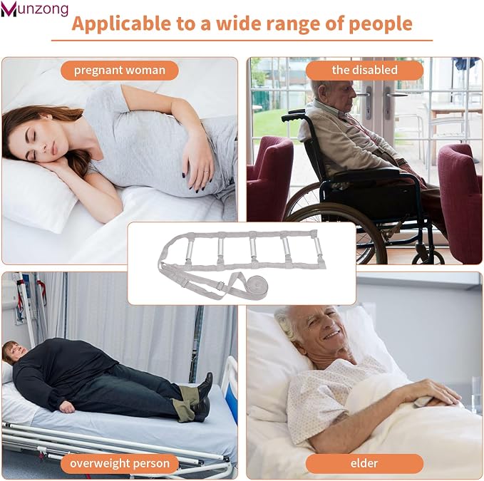 Munzong Bed Ladder Assist 160 Inch, Grey Pull Up& Sit Up Assist Device, Assistive Bedside Straps w/ 5 Handle, Portable Rope Beds Ladder Helper for Elderly Senior Injury Handicap Patient Pregnant(4 m)
