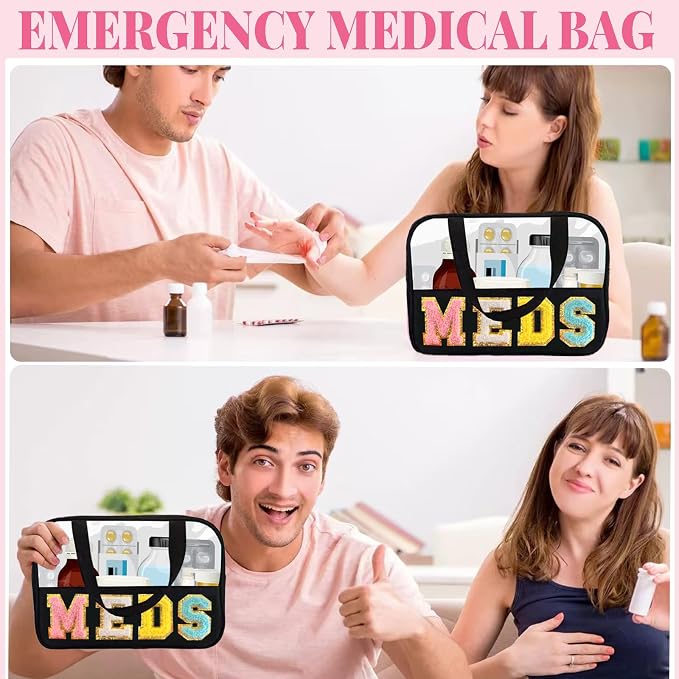 Chenille Letter MEDS Bag Clear Medical Medicine bag for Traveling Preppy Emergency Patch Bag with Handle and Zipper Waterproof Nylon Portable Makeup Bag for Women