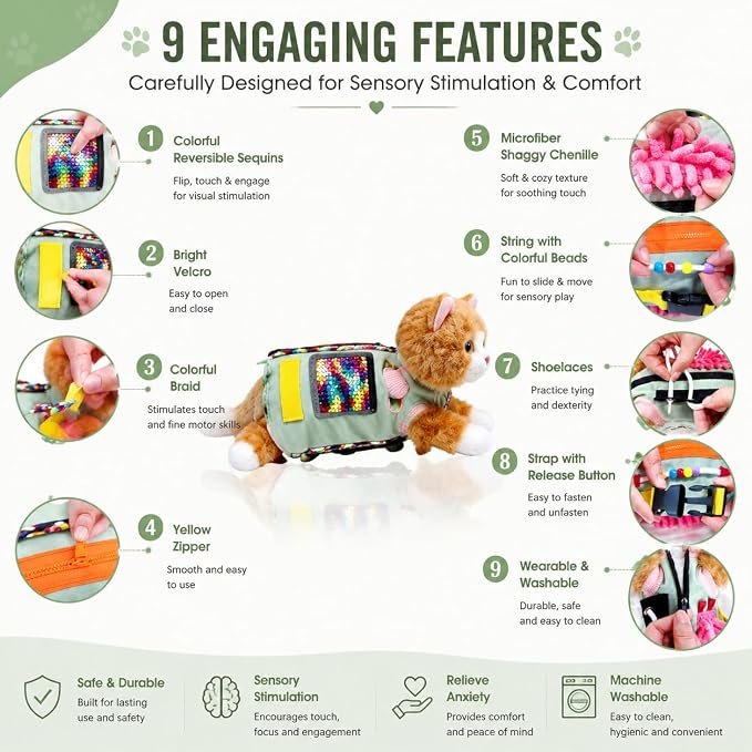 Fidget Blanket for Dementia, Fidget Cat Blanket for Elderly, Fidget Sensory Cat Blanket for Seniors with Alzheimer’s, Dementia Products for Elderly