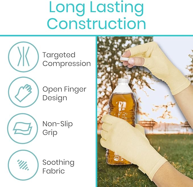 Vive Compression Arthritis Gloves - Comfortable Fit for Men and Women - Open Finger for Rheumatoid, Osteoarthritis, Carpal Tunnel and Computer Typing Pain Relief - Hand and Wrist (X-Large)