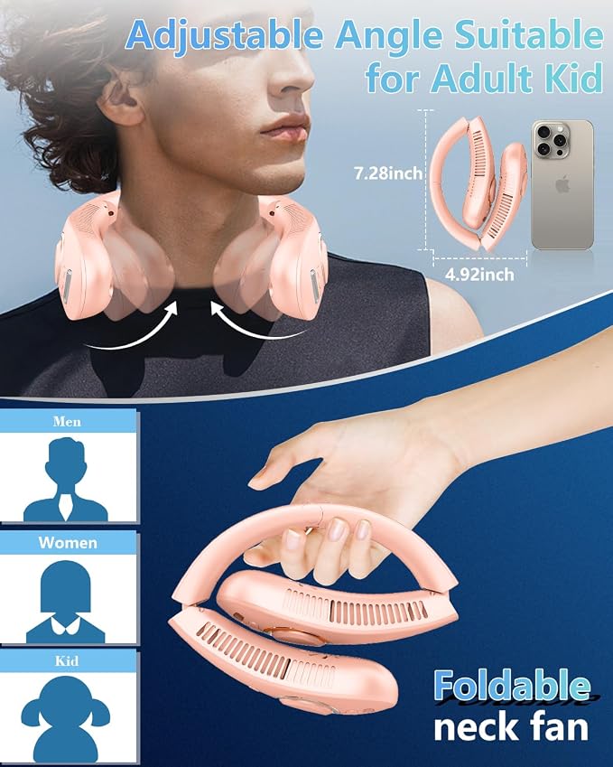 Misting Neck Fan,Personal Cooling Fans that Blow Cold Air Rechargeable,Collapsible Cordless Headphone Design Neck Fan Mister,Best Cold Small Noiseless Breeze Around the Neck Cooler Tool Pink