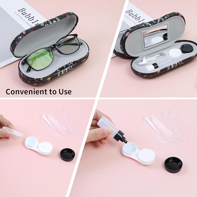 2 in 1 Contact Lens Case and Eyeglasses Case for Women Men Kids, Double Sided Hard Shell Portable Glasses Travel Holder with Built-in Mirror, Contact Lens Box Storage Kit (Black Skull)