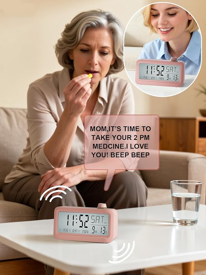 Medication Pill Reminder, RechargeableTalking Alarm Clock with 3 Custom Voice RecordingAlarms, Touch-to-Talk, a Digital Alarm (Clocks Gift forMom/Dad/Seniors/Elderly(Pink)