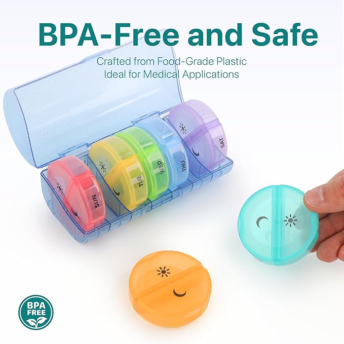 Sukuos Weekly Pill Organizer 7 Day 2 Times a Day, Large Daily Pill Box Easy to Open, Portable AM PM Pill Case for Medicine/Vitamin/Fish Oil/Supplements (Glitter Blue)