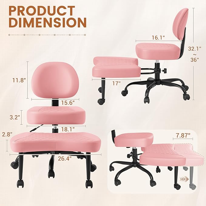 Ergonomic Cross Legged Office Chair with Wheels - Adjustable Height Kneeling Meditation Chairs for ADHD, Yoga & Desk Work - Wide Criss Cross Seat with Lumbar Support, Pink