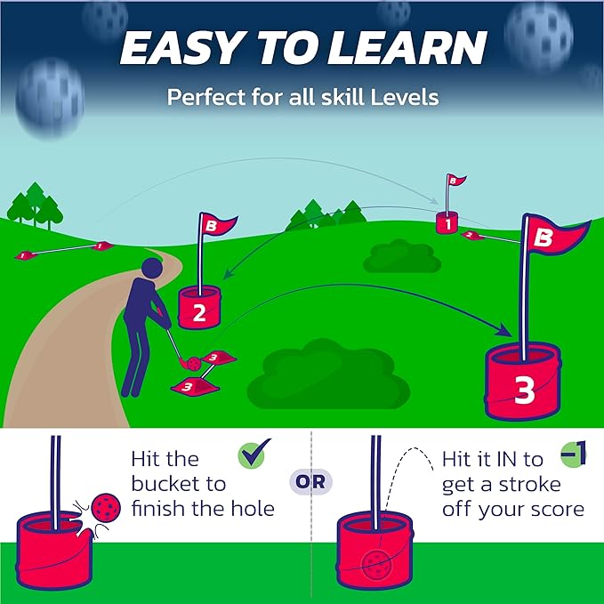 bucketgolf Game 6 Hole Bundle with Clubs - The Best Backyard Golf Game for All Ages and Levels Adults, Kids, Families, Schools, Yards, Parks, Beaches, Vacation. (4 Clubs (4 RH))