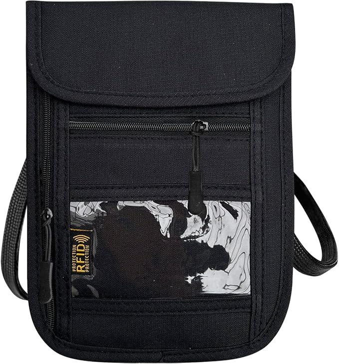 RFID Blocking Travel Neck Wallet Pouch and Passport Holder, Travel Neck Pouch Passport Holder for Women & Men - Black