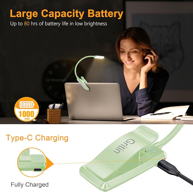 Gritin 9 LED Rechargeable Book Light for Reading in Bed | Eye Caring 3 Color Temps,Stepless Dimming Brightness,80 Hrs Runtime Small Lightweight Clip On Book Reading Light-Cyan