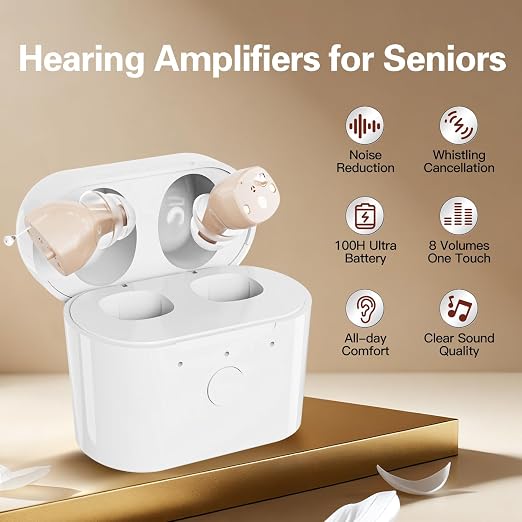 Hearing Amplifiers for Seniors Rechargeable, Hearing Amplifier for Adults with Whistle Noise Cancellation, Virtually Invisible Compact Design, 16-Channel Clear Sound Quality (Beige)