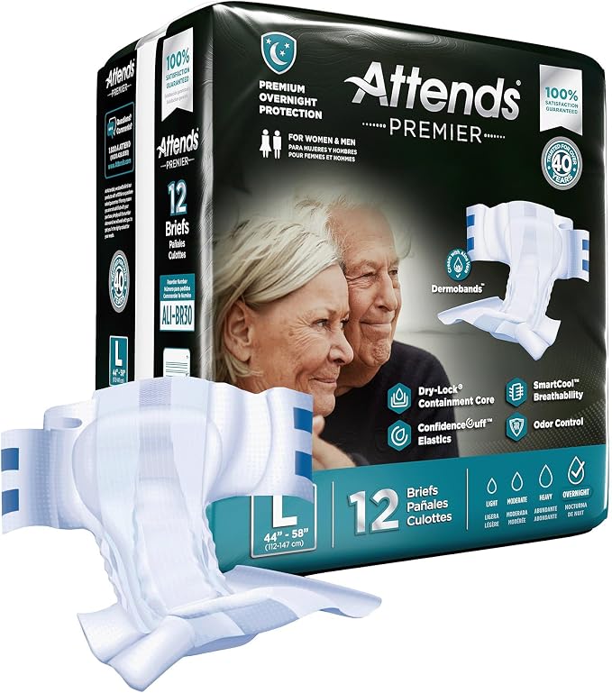 Attends Premier Adult Disposable SmartCool® Briefs, Large, 44-58" High-Rise Waist Tab Closure, Premium Overnight Dry-Lock Protection, Odor Control, 48ct Case