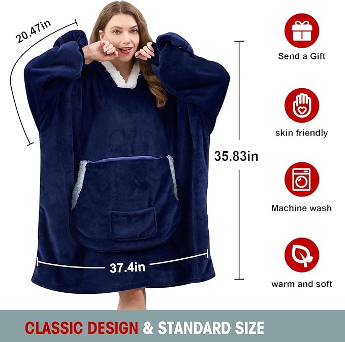 JOYWOO Navy Foldable Wearable Blanket Hoodie with Gloves,Oversized Cat Lovers Sweatshirt Blanket for Adult,Birthday Gifts for Men,Dad,Husband Cozy Sherpa Hooded Blanket with Giant Pocket Winter Gifts
