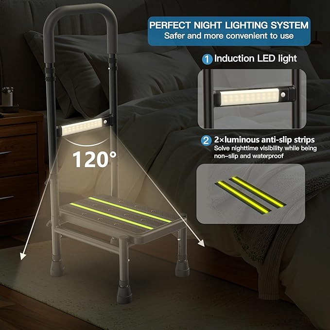 Step Stool with Handle for Elderly Adults, Adjustable Handrail & Leg, Sensor Light, Medical Stepping Stools for High Bed Mobility & Daily Living Aids, Bedside Car Stair Lift for Senior 350lbs