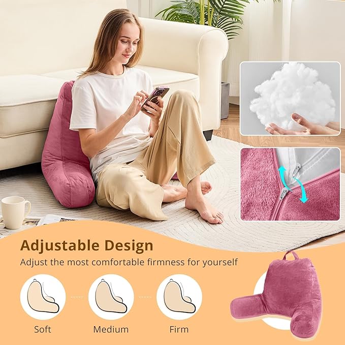 Sasttie Reading Pillow, Velvet Back Pillow for Bed Sitting Up, Adult Back-Rest Support Cushion with Arms for Sit Up on Couch, Sofa, and Floor, Dorm Essentials, Reading Accessories, Rose Pink