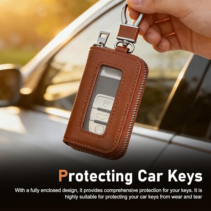 1PC Car Key Fob Case, Leather Car Key Holder for Purse, Automotive Smart Key fob Holder with Hook, for Remote Key Fob