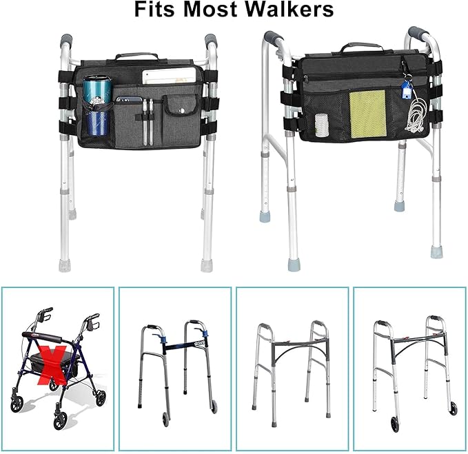 supregear Walker Bag, Seniors Storage Caddy Accessory (Double Sided), Attachment Basket for Folding Walkers, Large Capacity Waterproof Carrier Tote with 9 Pockets and Cup Holder
