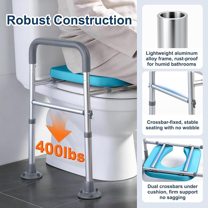 Adjustable Raised Toilet Seat with Handles for Seniors, Grey | 400lbs Capacity Elongated Toilet Seat Riser, Elevated Toilet Seat with Soft Cushion & Removable Armrests