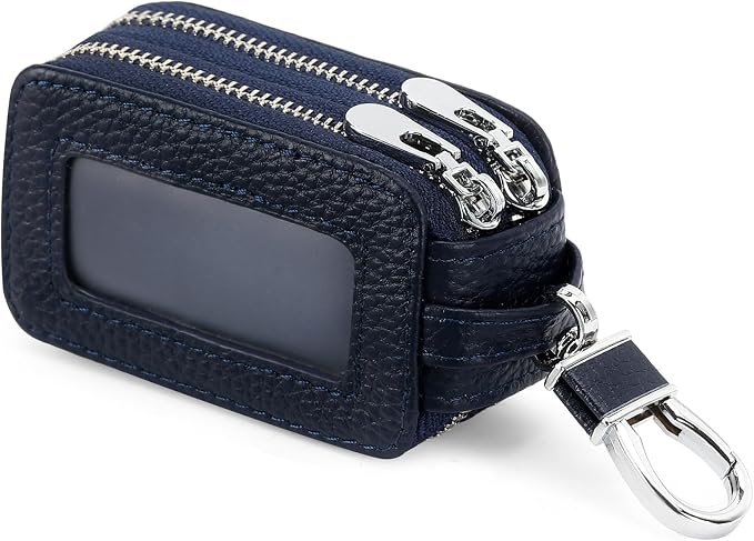 SENDEFN Car Key Fob Case Double Zipper Leather Smart Remote Keychain Protector Holder with Transparent Window