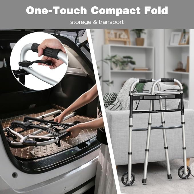 WHLICKS Folding Walkers for Seniors, Lightweight Aluminum Walker with 5'' Front Wheels and 2 Skis, Height Adjustable Standard Walker for Elderly and Disabled, Stable Frame up to 350 lbs