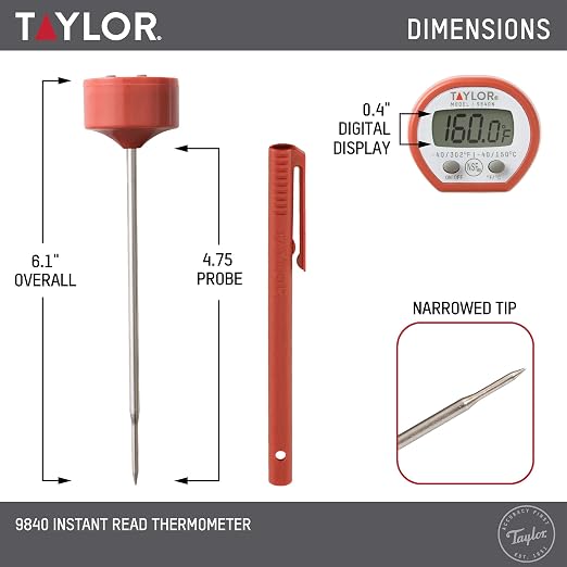 Taylor Instant Read Digital Meat Food Grill BBQ Cooking Kitchen Thermometer, Comes with Pocket Sleeve Clip, Red