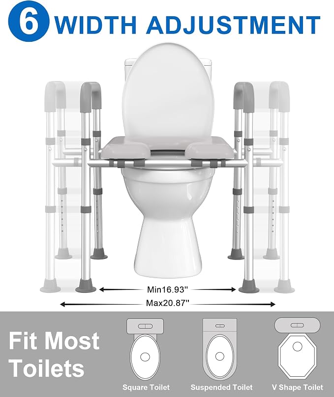 HOMLAND Toilet Seat Riser for Seniors with Adjustable Height & Width, 300lb | Padded Seat, Durable Aluminum Frame, Slip-Resistant Feet, Handicap Elevated Raised Toilet Seat for Elderly, Fit Most Toilet