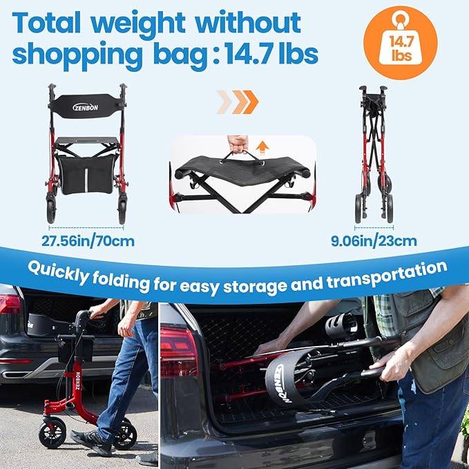 Rollator Walker for Seniors/Adults Foldable Rolling Walker with Seat 330 lbs Capacity 4 Big 8 inch Wheels Hand Grips Adjustable Height Lightweight Aluminum Walker Removable Back Support 7209(Red)