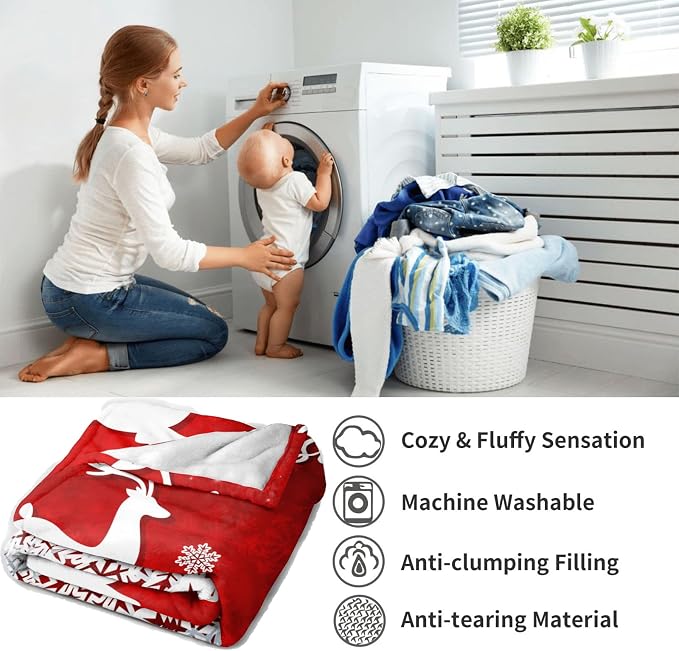 Merry Christmas Red Flannel Fleece Throw Blanket - White Snowflake Printed, Soft Plush for Bedroom, Couch, Sofa - 30"x40"
