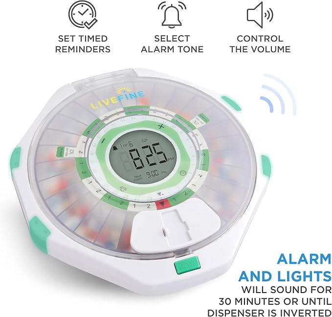 LiveFine 28-Day Automatic Pill Dispenser, 9 Dosage Rings, Frosted Lid | Battery-powered and travel-ready with a lockable key cover - trusted by seniors and arthritis sufferers.