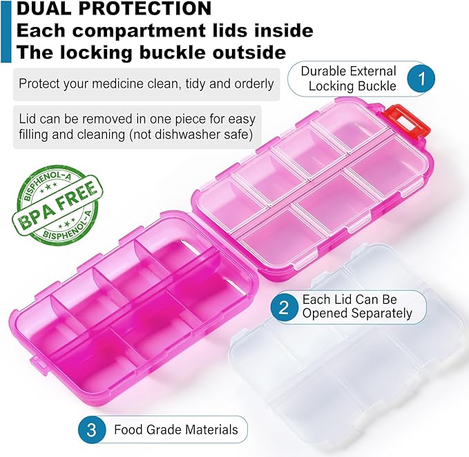 14 GRIDS Travel Pill Organizer Box with Labels - Travel Medicine Case Kit - Pocket Daily Pharmacy Container - Travel Medication Holder Dispenser for Fish Oil Vitamin Supplement Storage - Clear Pink