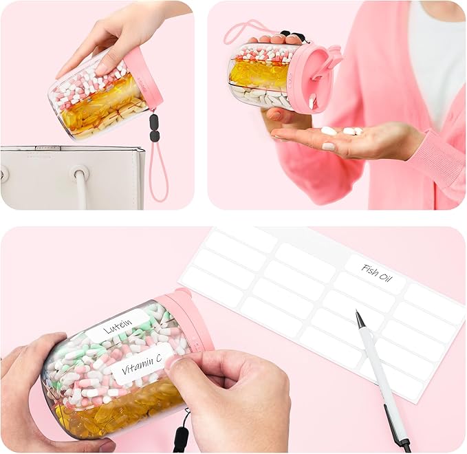 AUVON Large Pill Organizer, Pill Dispenser for Holding 6 Various Vitamins, Pill Box Case with Anti-Mixing & Wide Opening Design, Easy to Retrieve Meds, Includes 20 Pcs Stick-on Labels